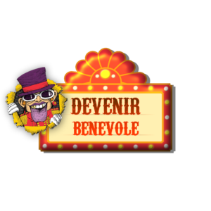 Logo dans un thème circassien avec un lien cliquable vers un formulaire pour être bénévole.